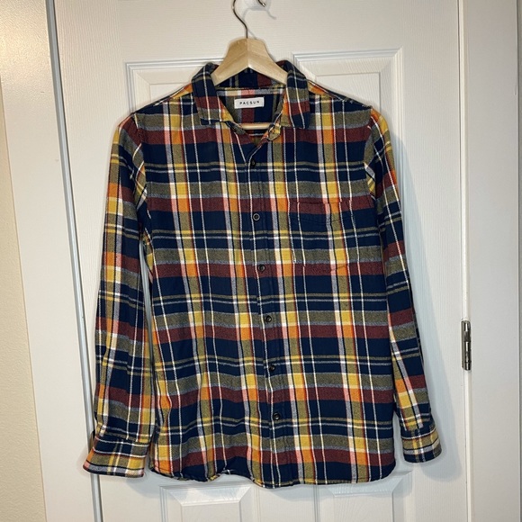 PacSun blue/yellow/red cotton flannel sz M - Picture 1 of 7